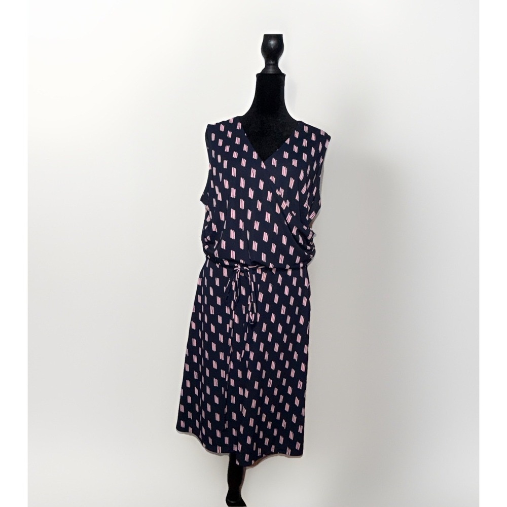 Land's End Faux Wrap Sleeveless Dress A-Line Navy Blue Pink Size LP Ruched‎ - Picture 2 of 6